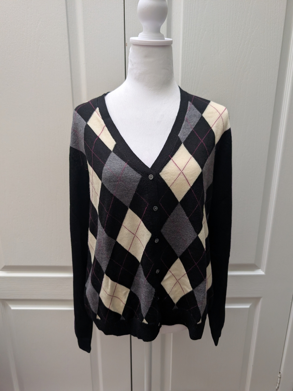 Brooks Brothers Black Argyle V-Neck Cardigan with Cream and Gray Diamonds